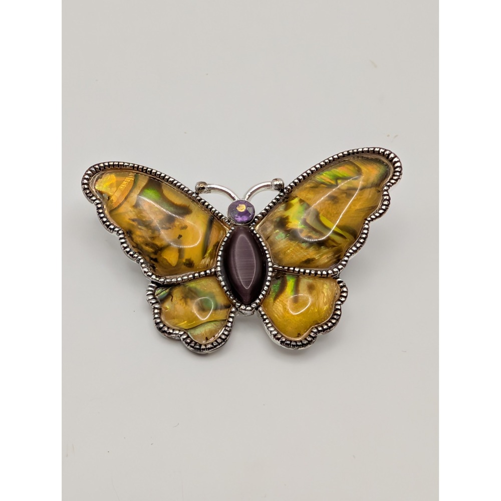 Butterfly‎ Brooch Gold Tone Iridescent Enamel Purple Cabochon Rhinestone Accent